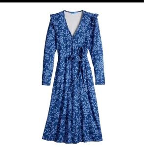 Draper James Floral Print Wrap Dress Ruffle Trim Long‎ Sleeve Casual Elegant L